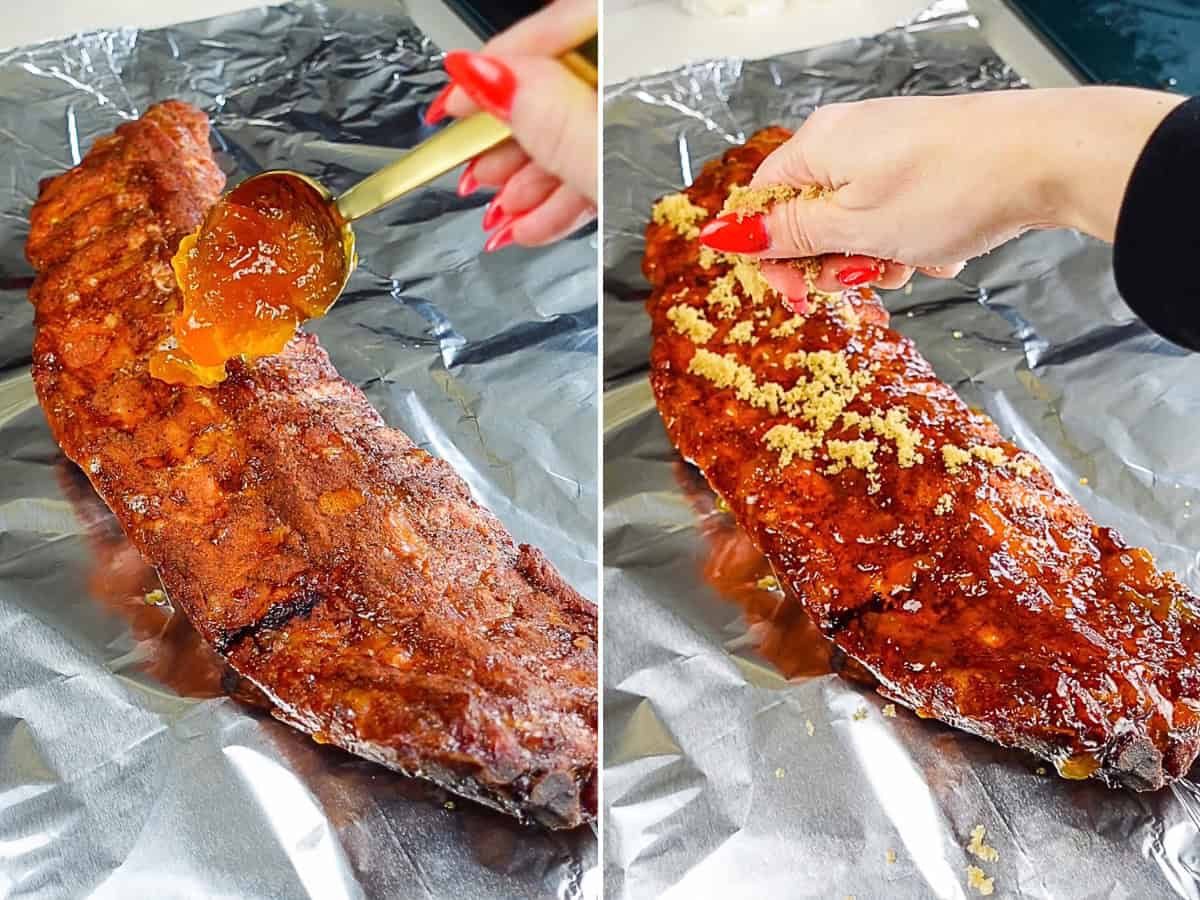 adding peach preserves and brown sugar to baby back ribs