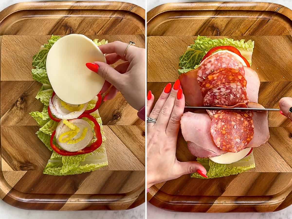 making the viral chopped italian bagel sandwich