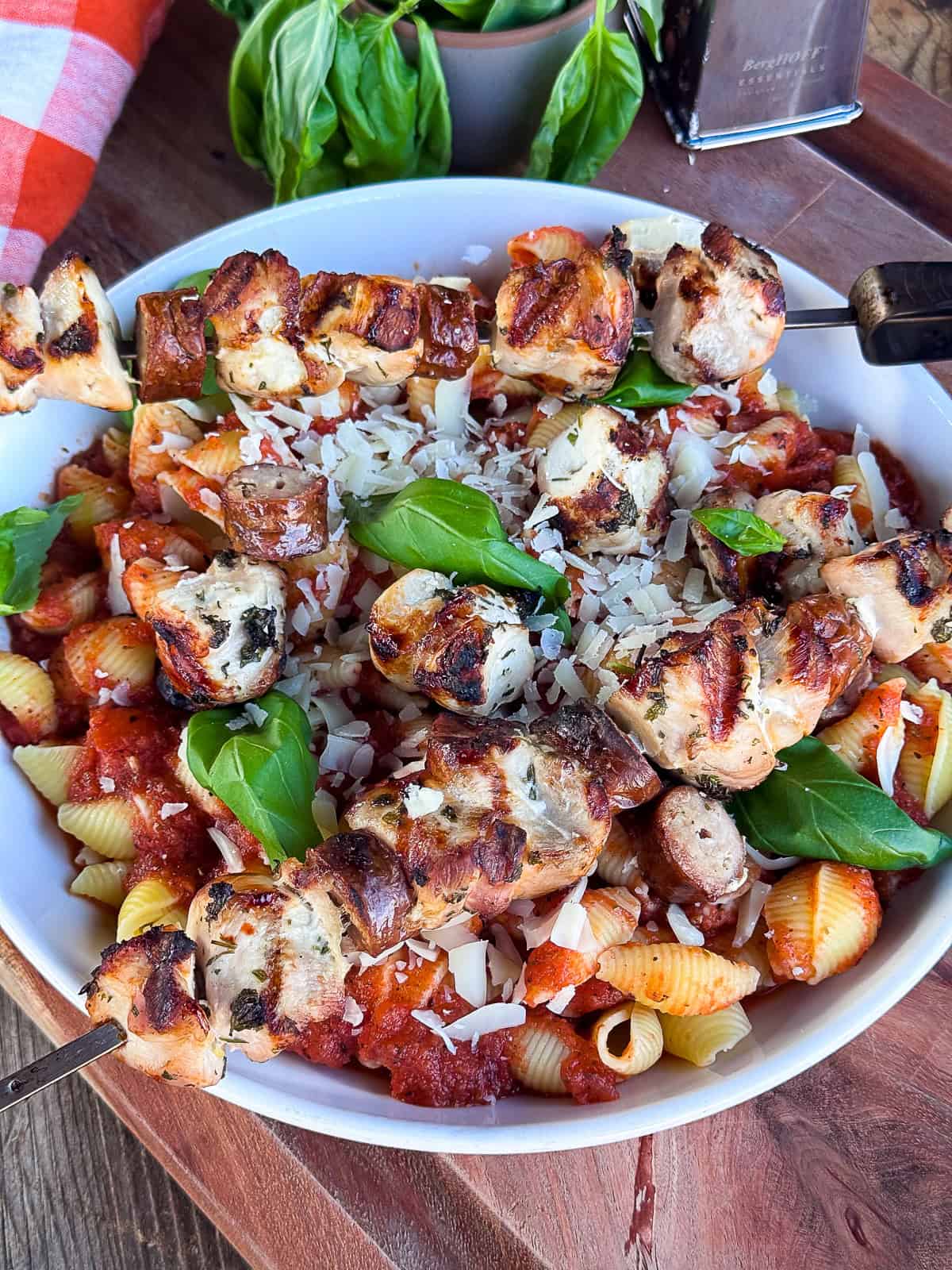 Italian Pasta Dish with Grilled Chicken Kebabs