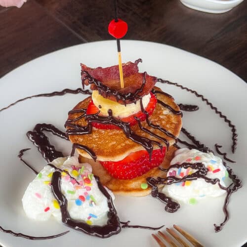 Mini Fruit Pancake Skewers with Banana and Strawberry and Bacon