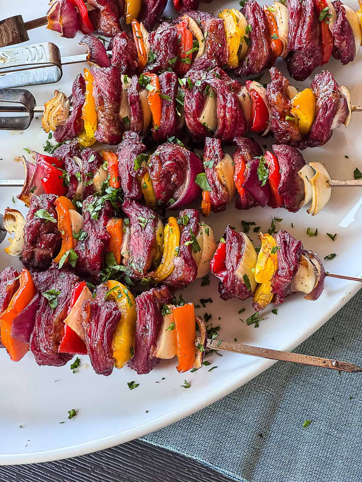 Kabob skewers with grilled marinated peppers and onions with beef