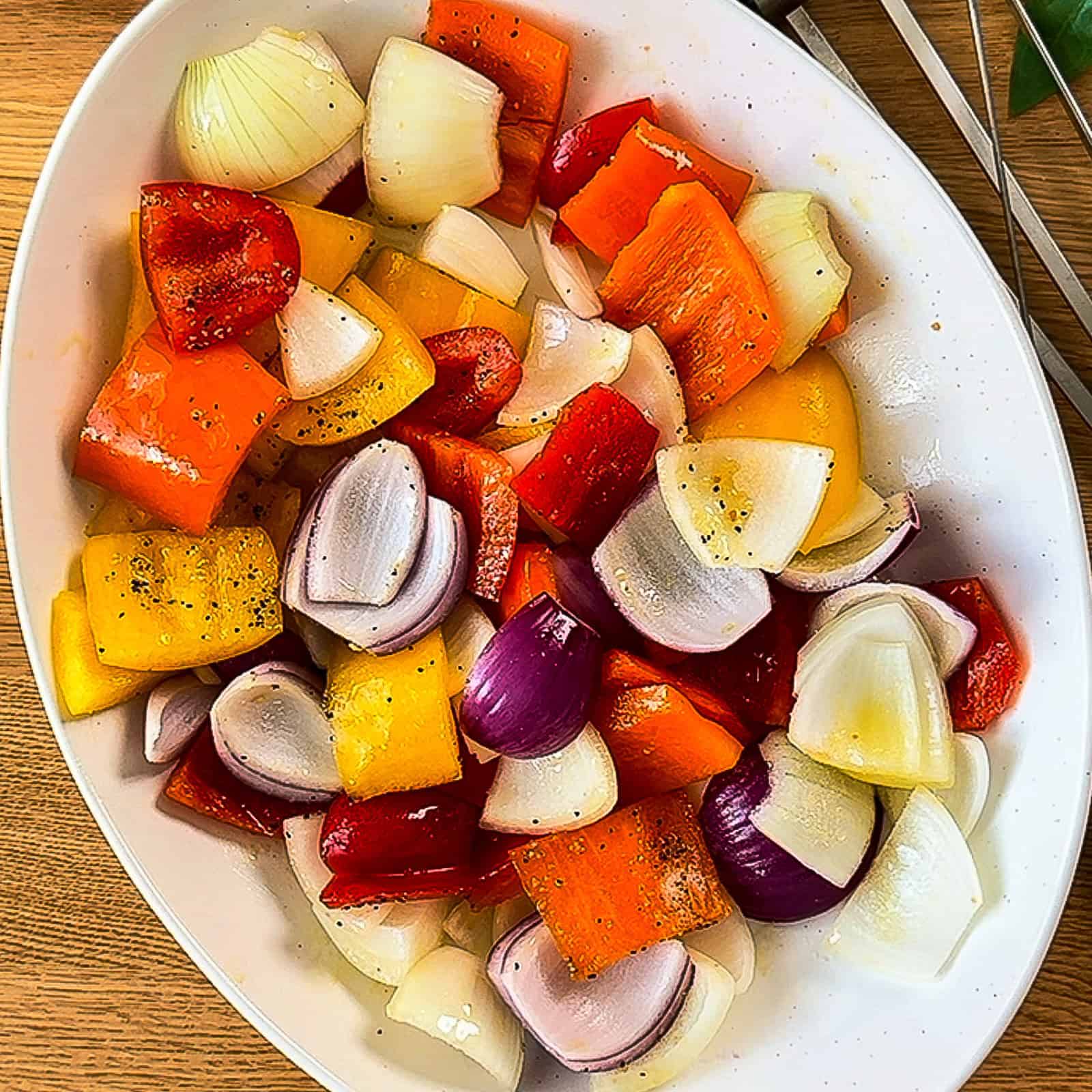 Marinated peppers and onions for grilling or roasting