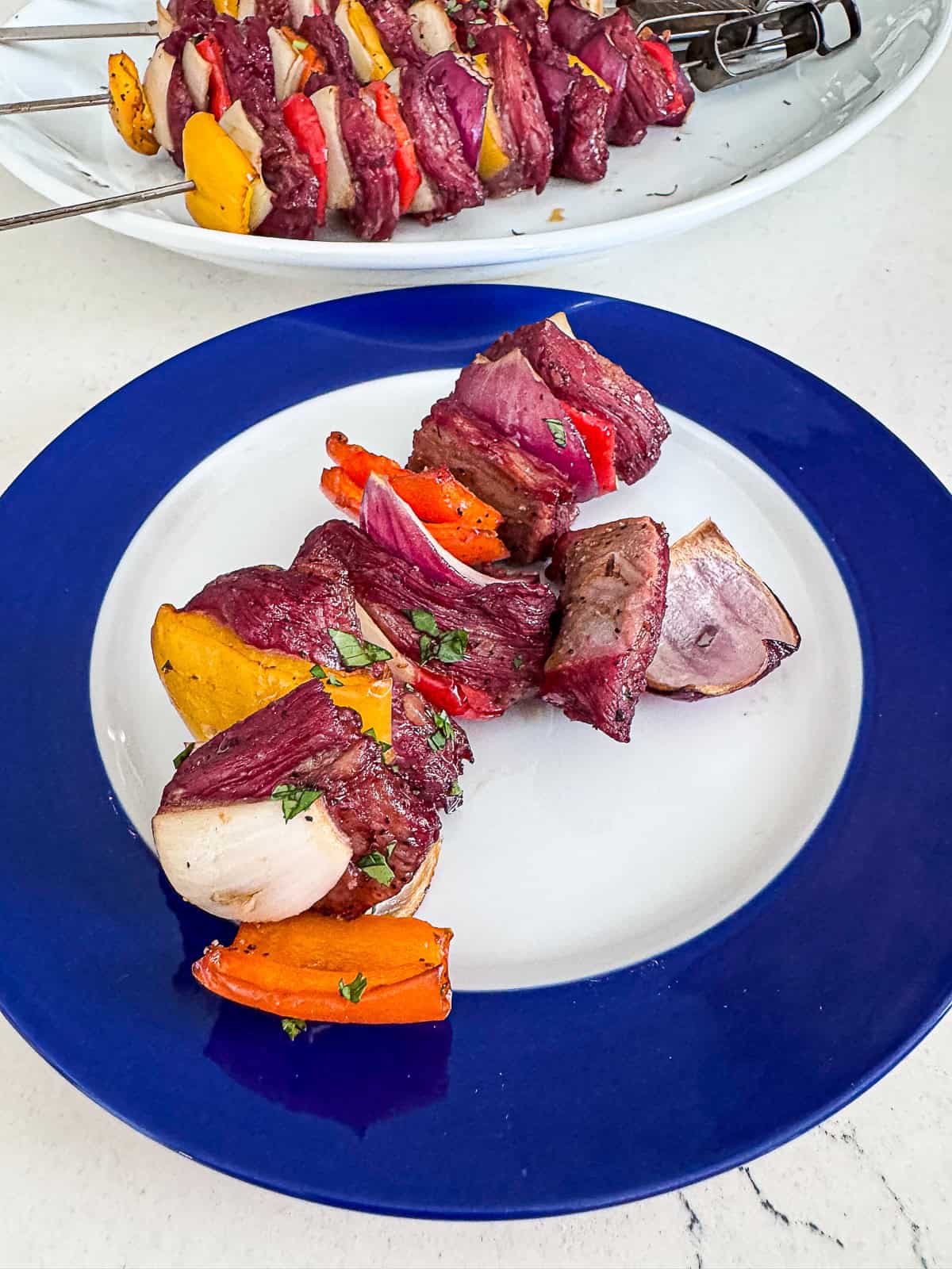Steak dinner plated with grilled marinated peppers and onions