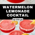 Boozy slushy recipe for frozen watermelon lemonade cocktail with text overlay