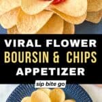 Boursin cheese and Pringles flower appetizer with text overlay highlighting viral recipe