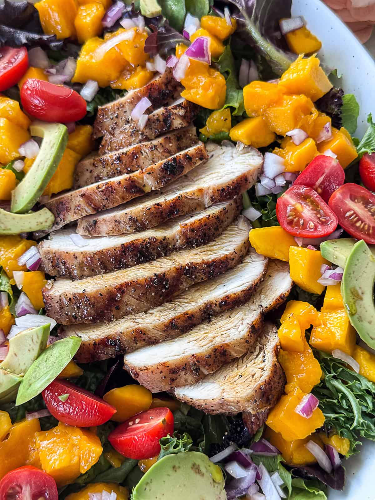 Closeup of freshly grilled chicken and mango salad with colorful vegetables