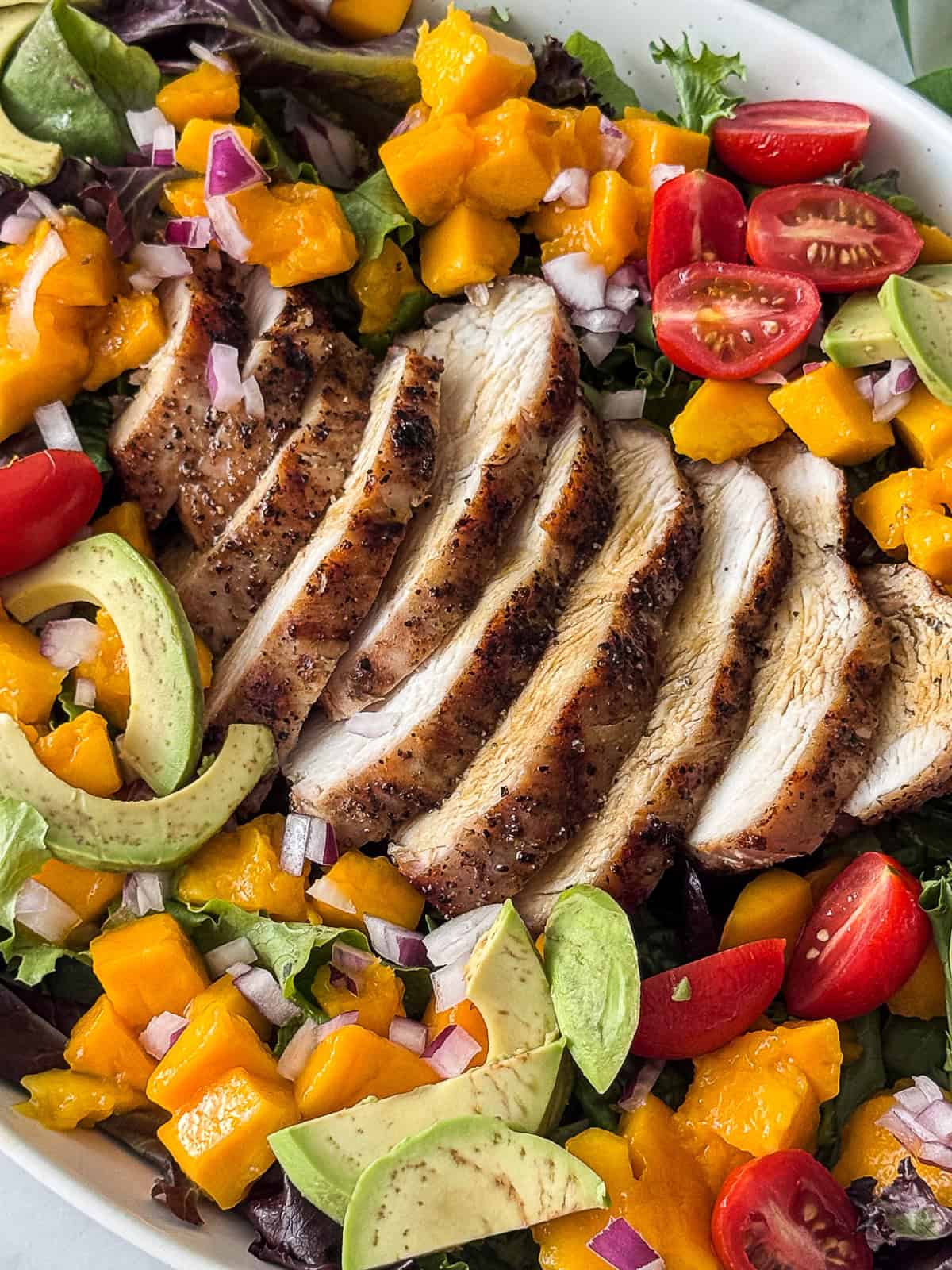 Fresh avocado and tomatoes on salad with grilled chicken, mango, and balsamic dressing