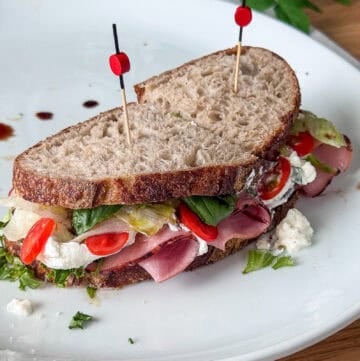 Gourmet Ham Sandwich with Burrata and Muffuletta Olive Salad