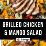 Large plate with grilled chicken and mango salad summer dinner with text overlay