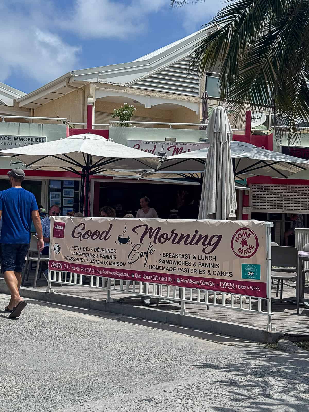 Street view of Orient Beach main road outside Good Morning Café in St. Maarten