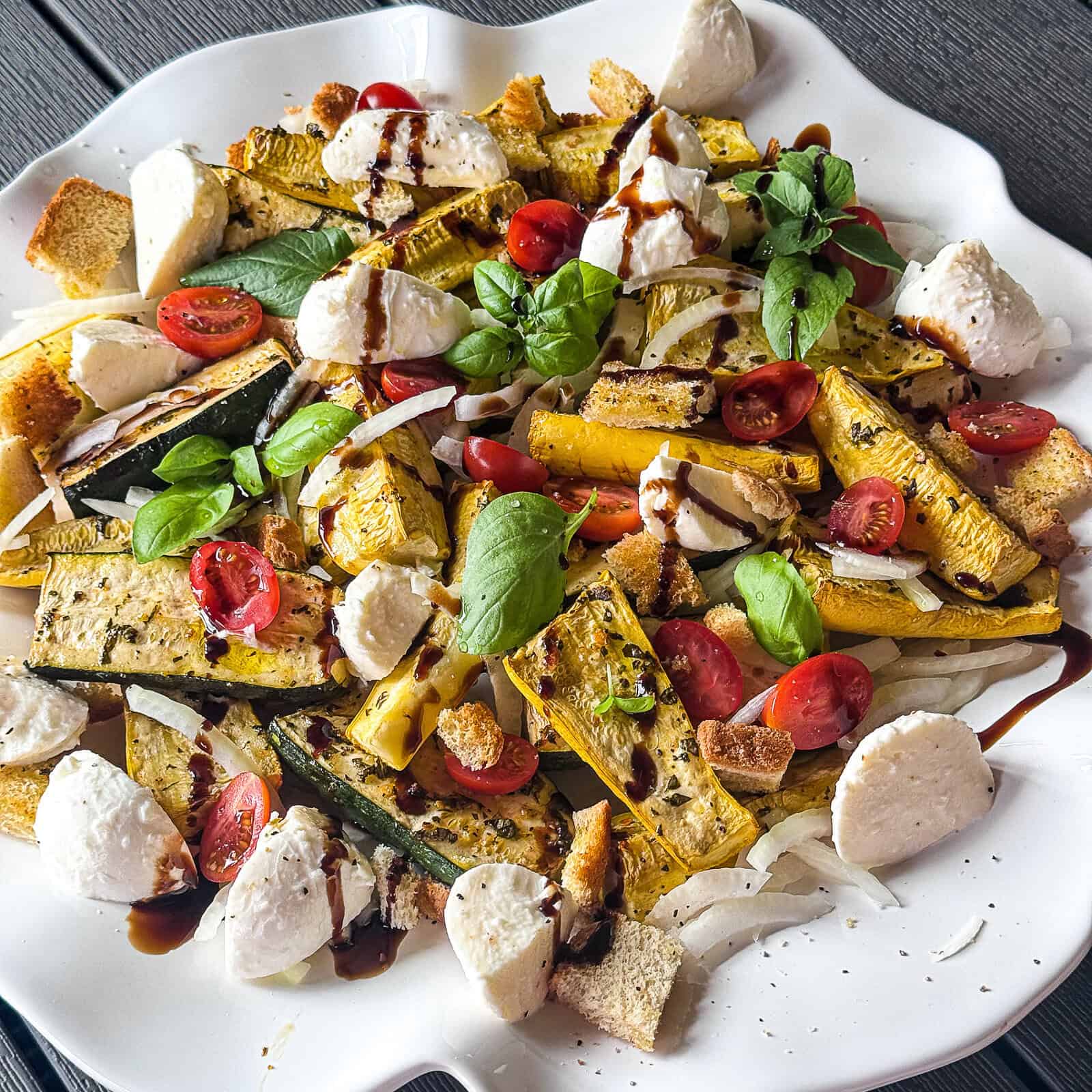 Smoked zucchini and summer squash salad with balsamic and burrata