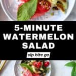 Mini watermelon salad mini plates with cucumbers and feta and text overlay