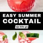 Watermelon cucumber gin cocktails in summer setting with text overlay recipe title
