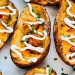 Easy BBQ appetizer platter idea featuring Traeger smoked potato skins with bacon