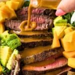 Best steak salad recipe featuring mango and avocado with text overlay