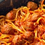 Crock pot spaghetti and meatballs recipe with text overlay for easy family dinner