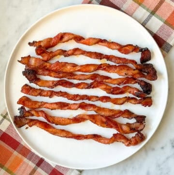 Crispy, oven-baked BBQ twisted bacon ready to serve