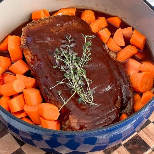 Finished Guinness pot roast ready to serve with vegetables
