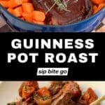 Slow-cooked Guinness pot roast in the oven with text overlay