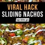 Viral sheet pan nachos with sliding cheese trend recipe with text overlay