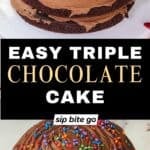 Three-layer triple chocolate cake with chocolate frosting and sprinkles with text overlay