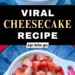 Viral 2 Ingredient Cheesecake with Biscoff Cookies and Strawberries recipe with text overlay