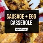 Breakfast casserole with sausage and eggs with text overlay