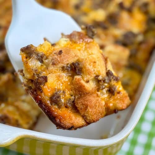 Sausage egg casserole baked in a breakfast dish