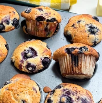 Finished bakery-style lemon blueberry muffins ready to serve